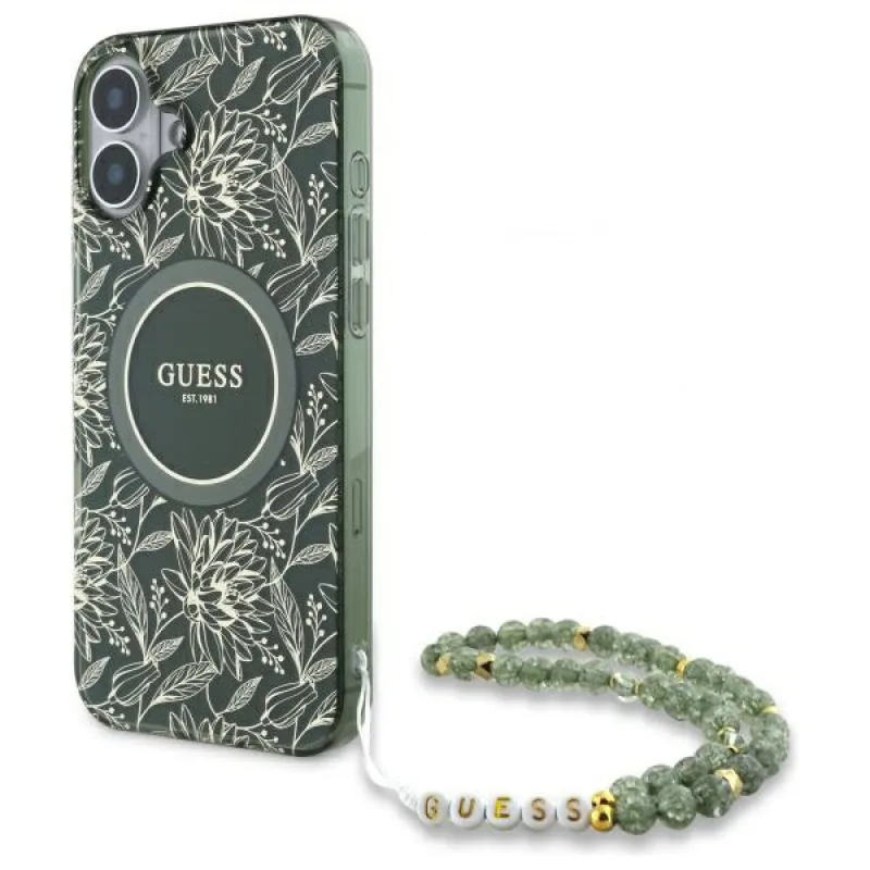 Guess IML Flowers Allover Electro With Pearl Strap MagSafe puzdro pre iPhone 16 - zelené