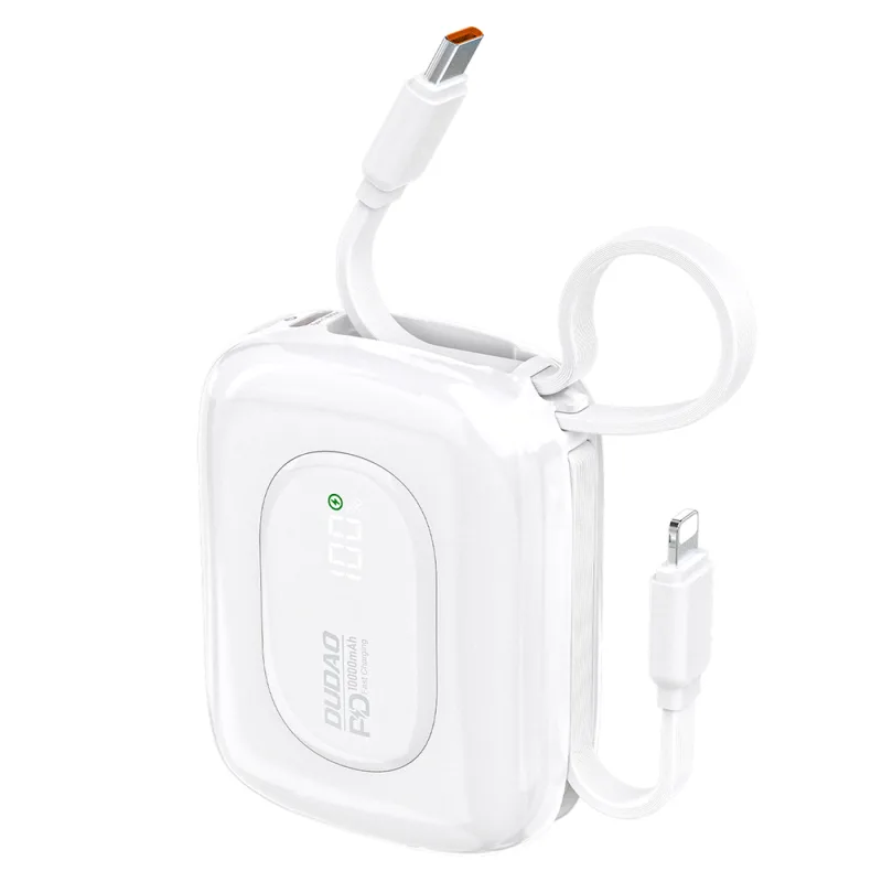 Powerbanka Dudao K32 22,5 W 10 000 mAh so vstavaným káblom USB-C/ Lightning – biela