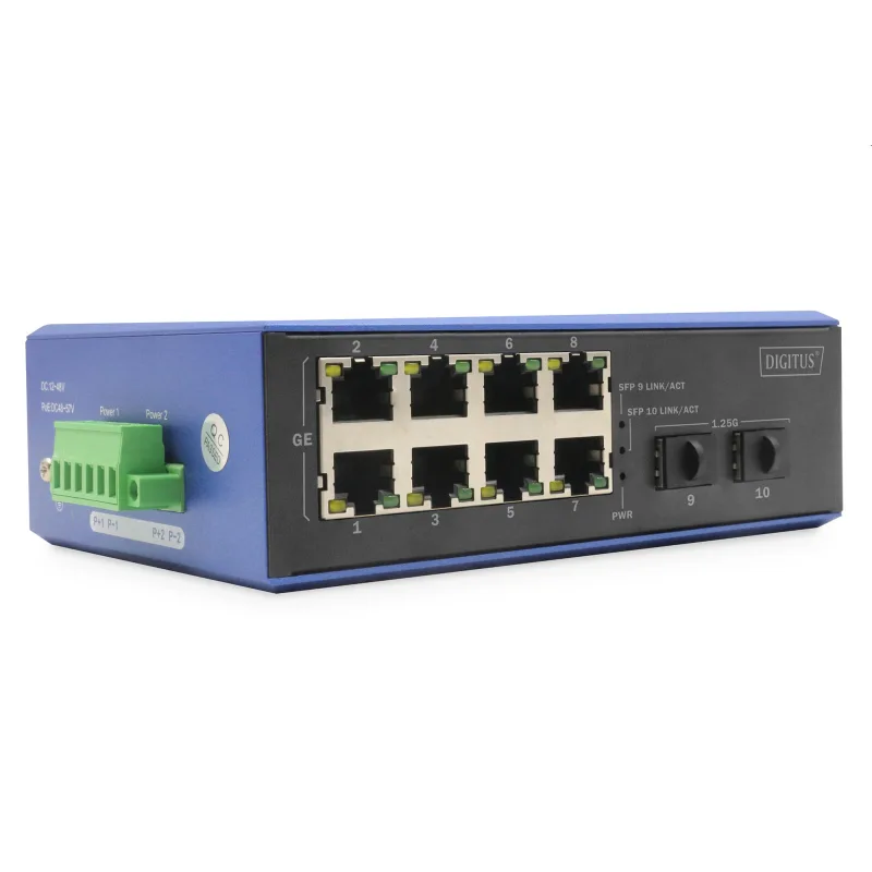 DIGITUS Industrial 8+2-Port Gigabit Ethernet PoE Switch 8 Port GE PoE RJ45, 2 GE SFP Port