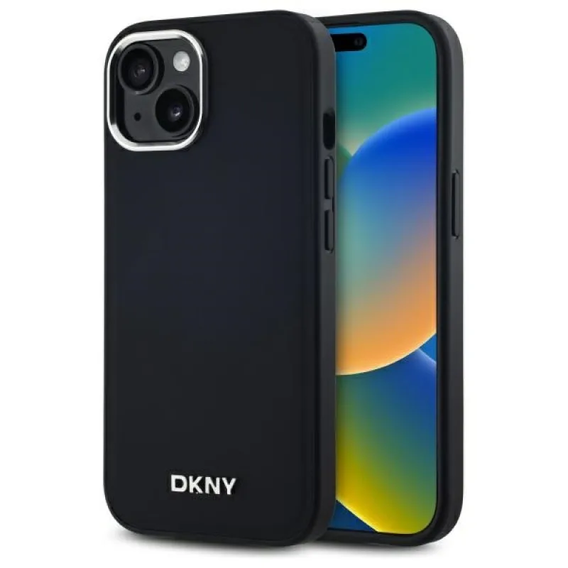 Puzdro DKNY Plain Logo MagSafe iPhone 15 – čierne