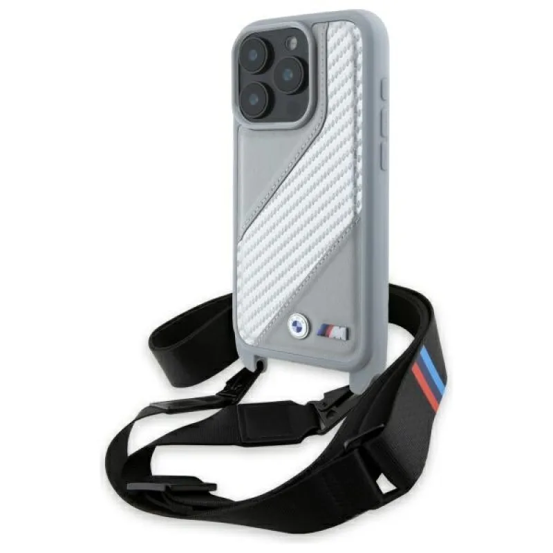 Puzdro BMW M Edition Carbon Stripe & Strap na iPhone 16 Pro Max – šedé
