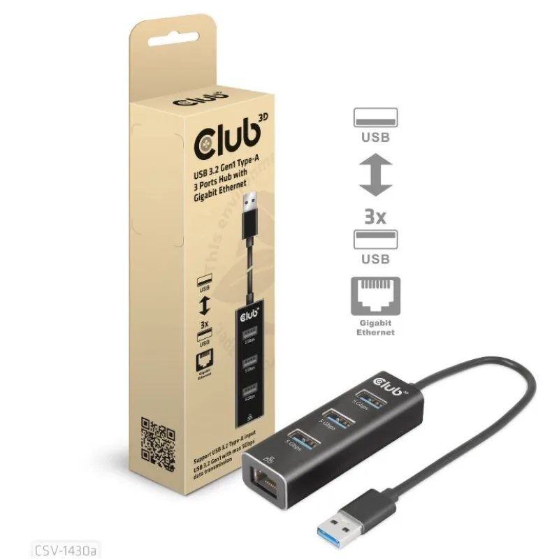Club3D Rozbočovač, USB-A 3.2 Gen1 na 3x USB 3.1, Gigabit Ethernet CSV…
