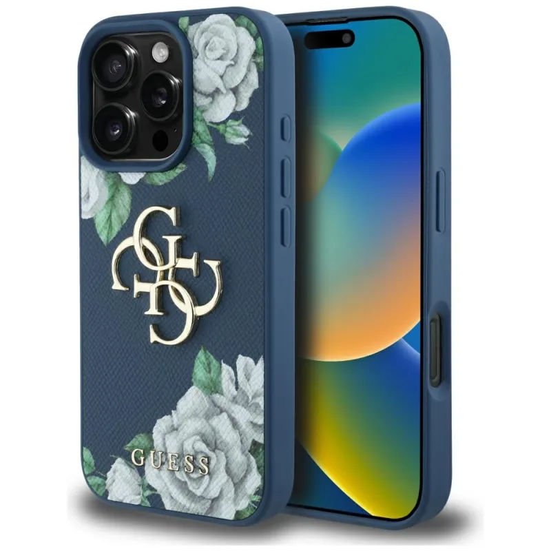 Puzdro s logom Guess Grained Roses Big 4G pre iPhone 16 Pro Max - modré
