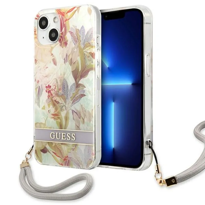 Guess GUHCP13SHFLSU iPhone 13 mini 5,4" fialové/fialové pevné puzdro Flower Strap