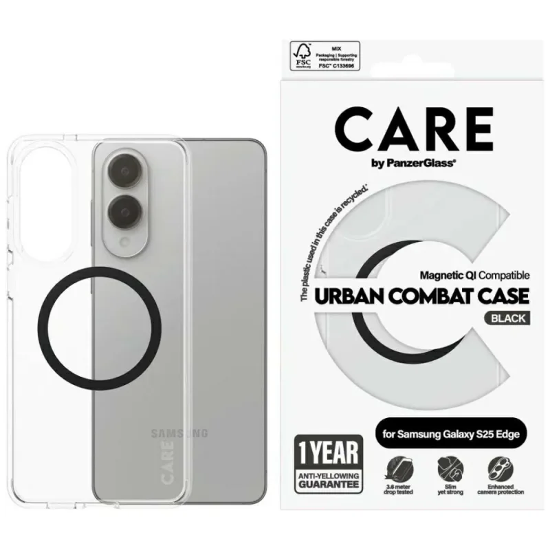 CARE by PanzerGlass Flagship Urban Combat Black QI Case pre Samsung Galaxy S25 Edge – priehľadné