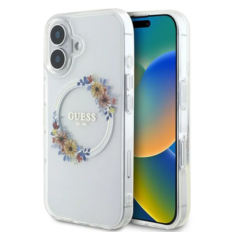 Puzdro Guess IML Flowers Wreath MagSafe pre iPhone 16 – priehľadné