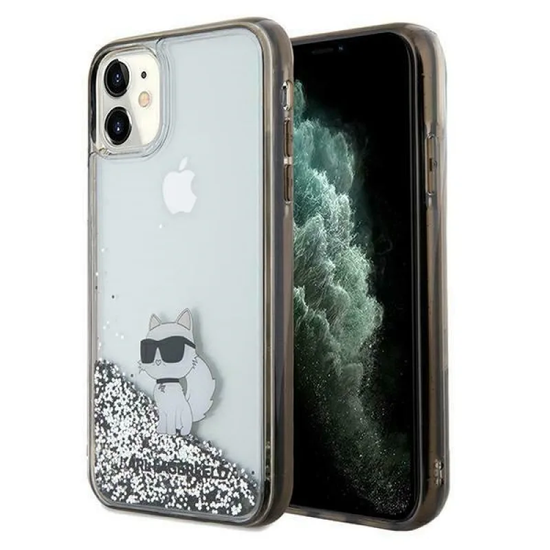 Puzdro Karl Lagerfeld Liquid Glitter Choupette pre iPhone 11 / Xr - priehľadné