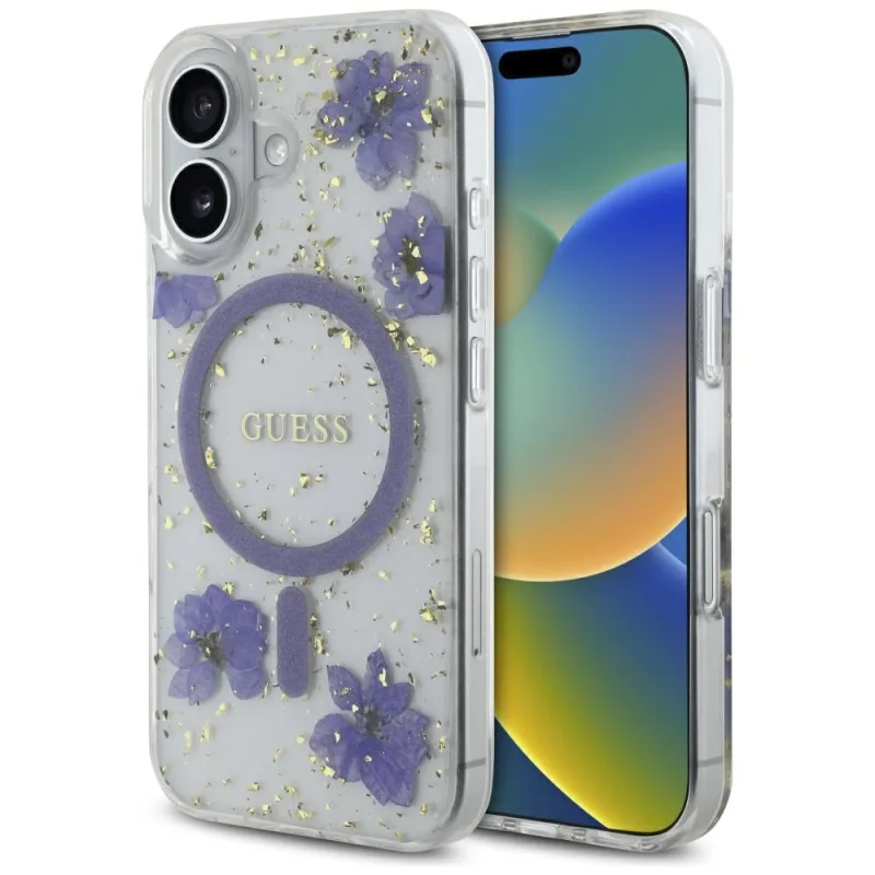 Guess Resin Flowers Glitter MagSafe puzdro pre iPhone 16 - fialové