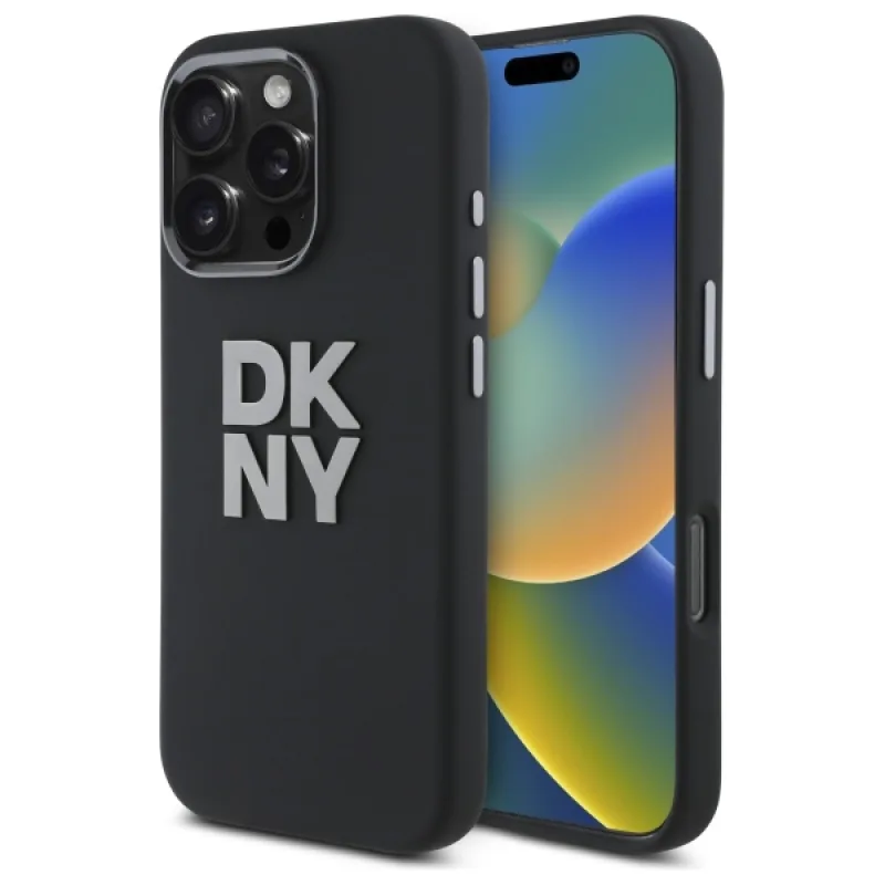 Puzdro DKNY s tekutým silikónovým kovovým logom na iPhone 16 Pro Max – čierne