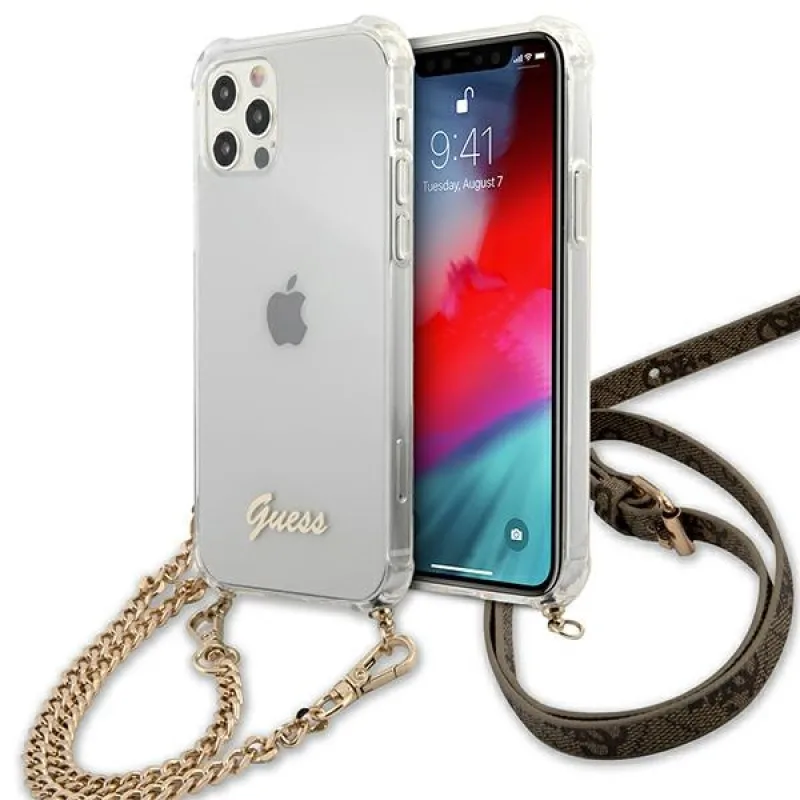 Guess GUHCP12MKC4GSGO iPhone 12/12 Pro 6,1" priehľadné pevné puzdro 4G Gold Chain
