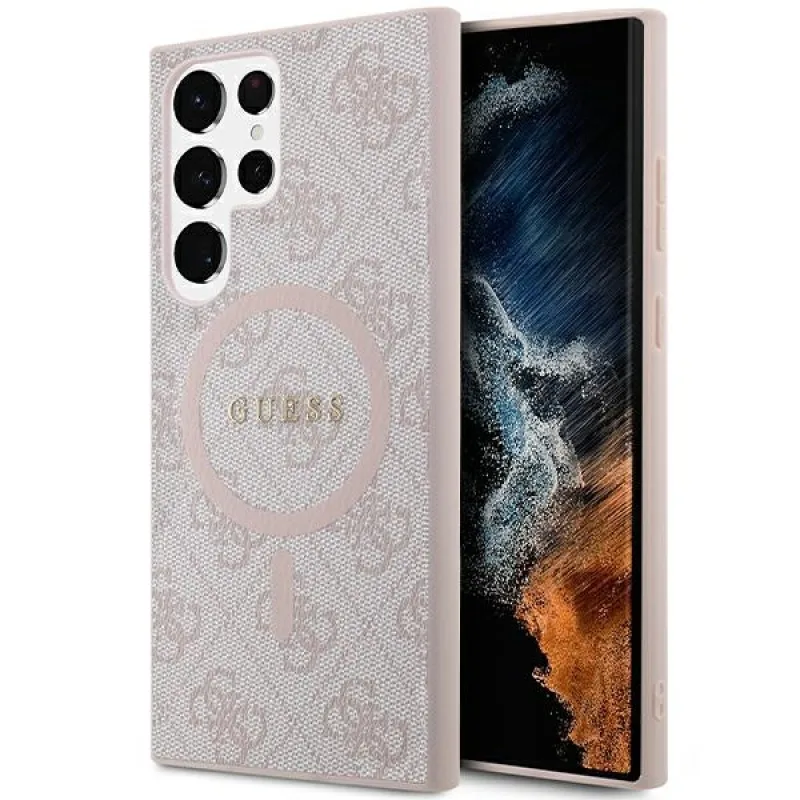 Guess 4G Collection kožené kovové logo MagSafe puzdro pre Samsung Galaxy S24 Ultra – ružové