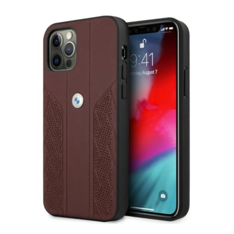 Kožené puzdro BMW Curve Perforate Case pre iPhone 12 Pro Max – červené