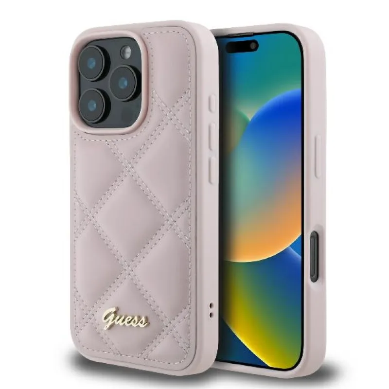 Puzdro Guess Quilted Metal Logo iPhone 16 Pro – ružové