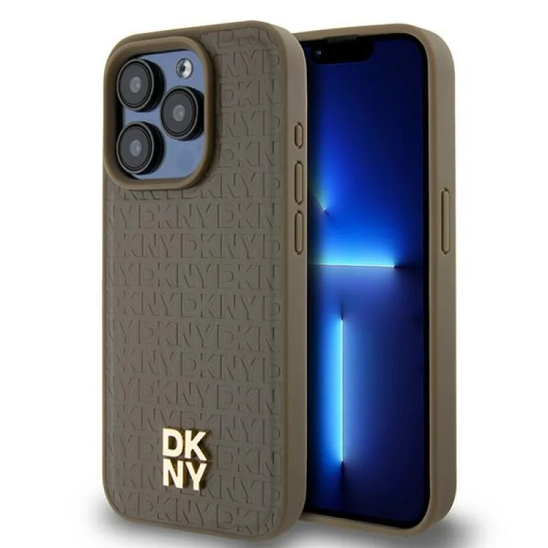 Kožený vzor DKNY s monogramom Kovové logo MagSafe Case pre iPhone 15 Pro – hnedý