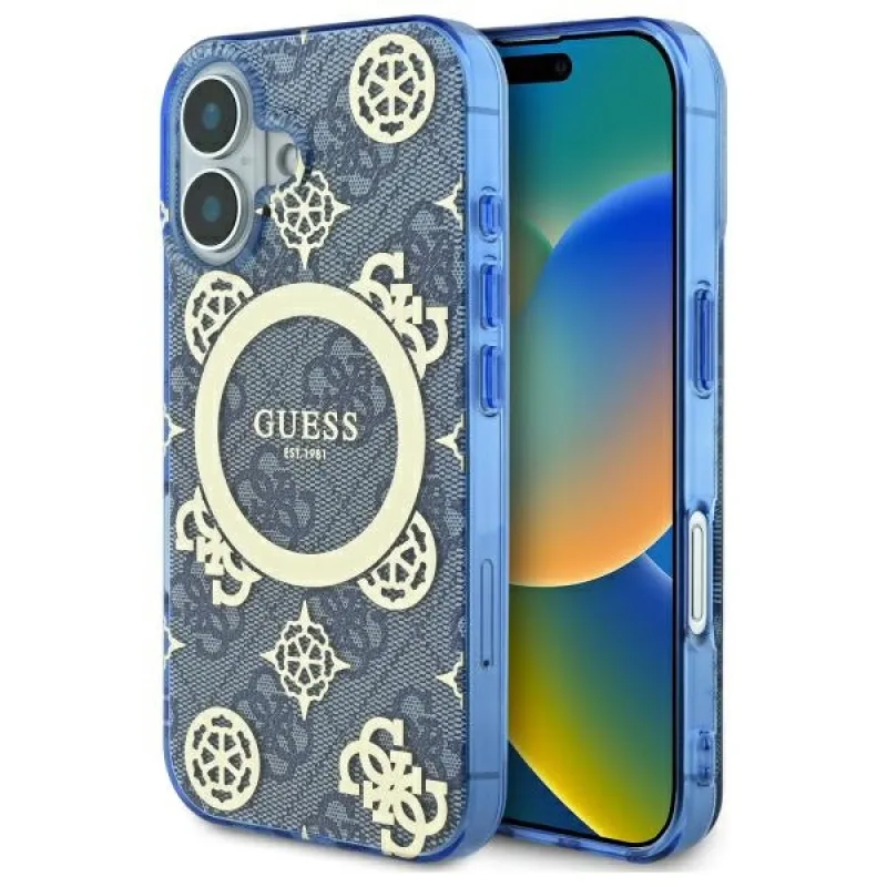 Guess IML Peony On 4G Background MagSafe obal pre iPhone 16 - modrý