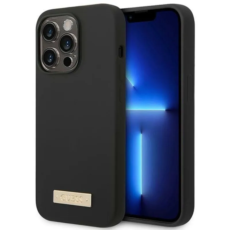 Guess GUHMP14LSBPLK iPhone 14 Pro 6,1" čierno-čierne pevné puzdro Silicone Logo Plate MagSafe