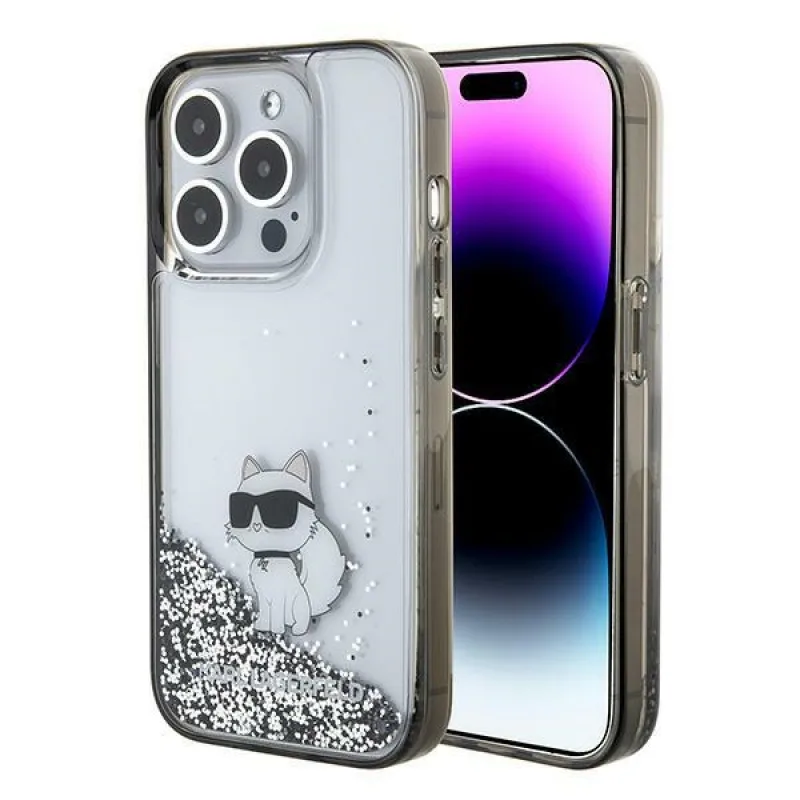 Puzdro Karl Lagerfeld Liquid Glitter Choupette pre iPhone 15 Pro Max - priehľadné