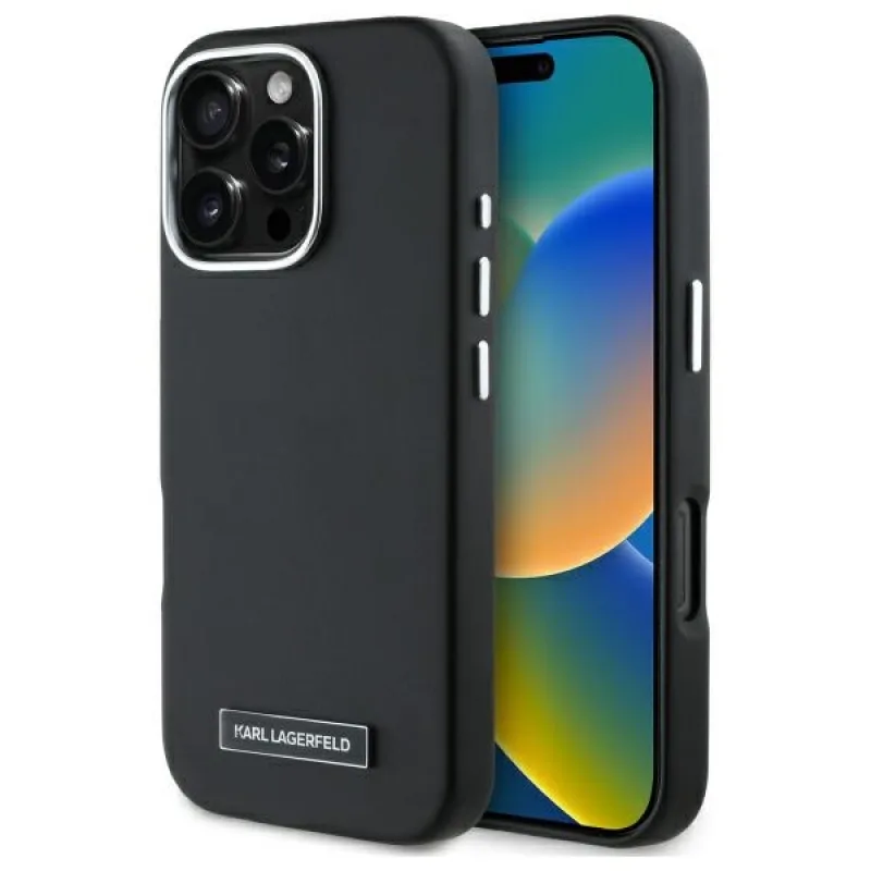 Puzdro Karl Lagerfeld FW Metal Plate MagSafe iPhone 16 Pro Max – čierne