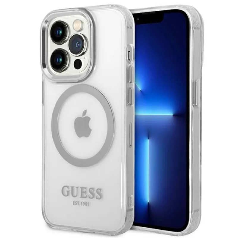 Guess GUHMP14LHTRMS iPhone 14 Pro 6,1" strieborno-strieborné pevné puzdro Metal Outline Magsafe