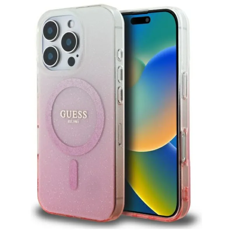 Puzdro Guess IML Glitter Gradient MagSafe pre iPhone 16 Pro – ružové