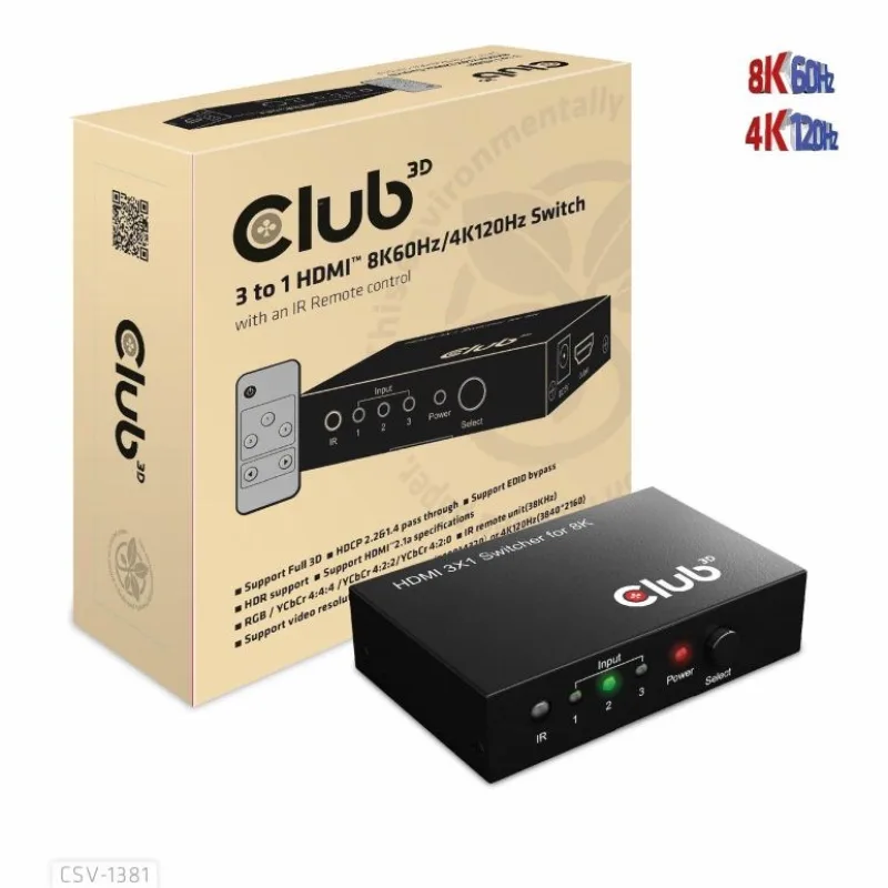 Club3D Switch 1:3 HDMI 8K60Hz/ 4K120Hz, 3 porty CSV-1381