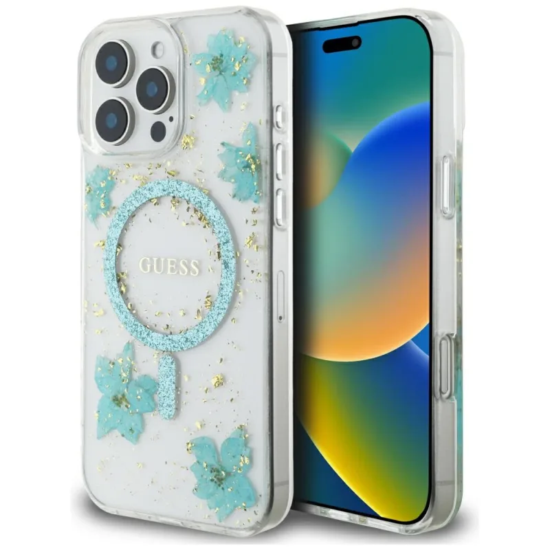 Puzdro Guess Resin Flowers Glitter MagSafe iPhone 16 Pro – priehľadné zelené
