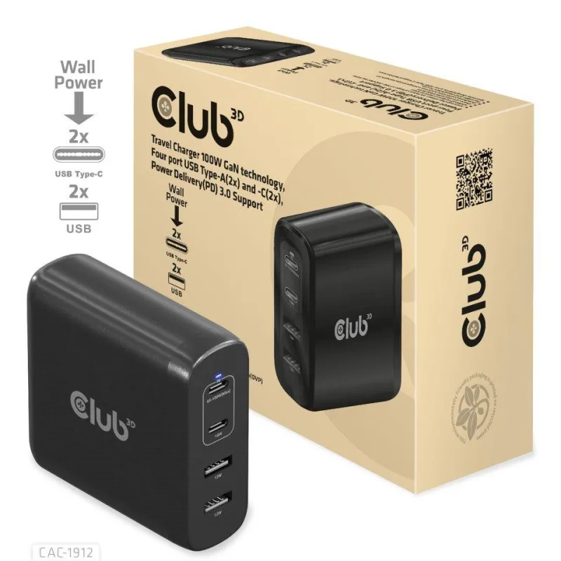 Club3D cestovní nabíječka 100W GAN technologie, 2xUSB-A a 2xUSB-C, PD 3…
