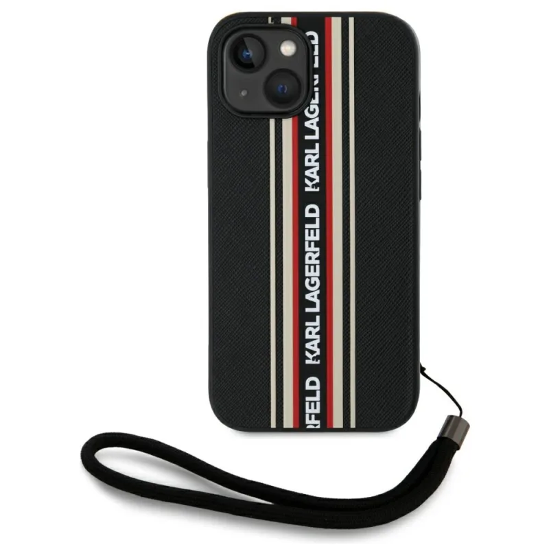 Puzdro Karl Lagerfeld Saffiano Athleisure Stripes Cord na iPhone 15 – červené