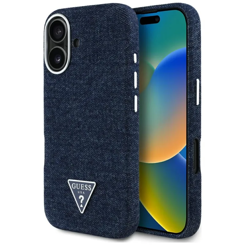 Puzdro Guess Denim Triangle Logo MagSafe iPhone 16 – modré