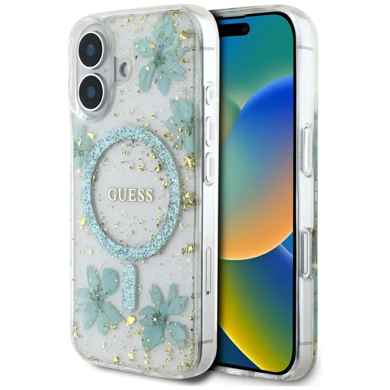 Puzdro Guess Resin Flowers Glitter MagSafe na iPhone 16 – priehľadné zelené