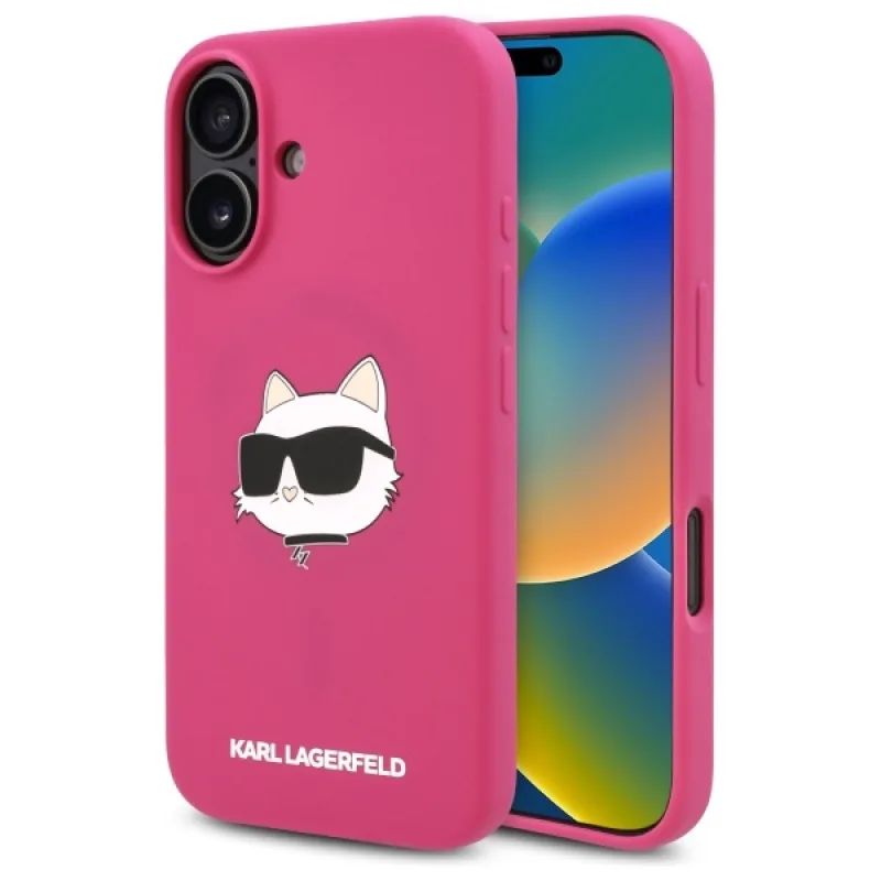 Karl Lagerfeld Silikónové puzdro Choupette Head Print MagSafe iPhone 16 – Fuchsiové