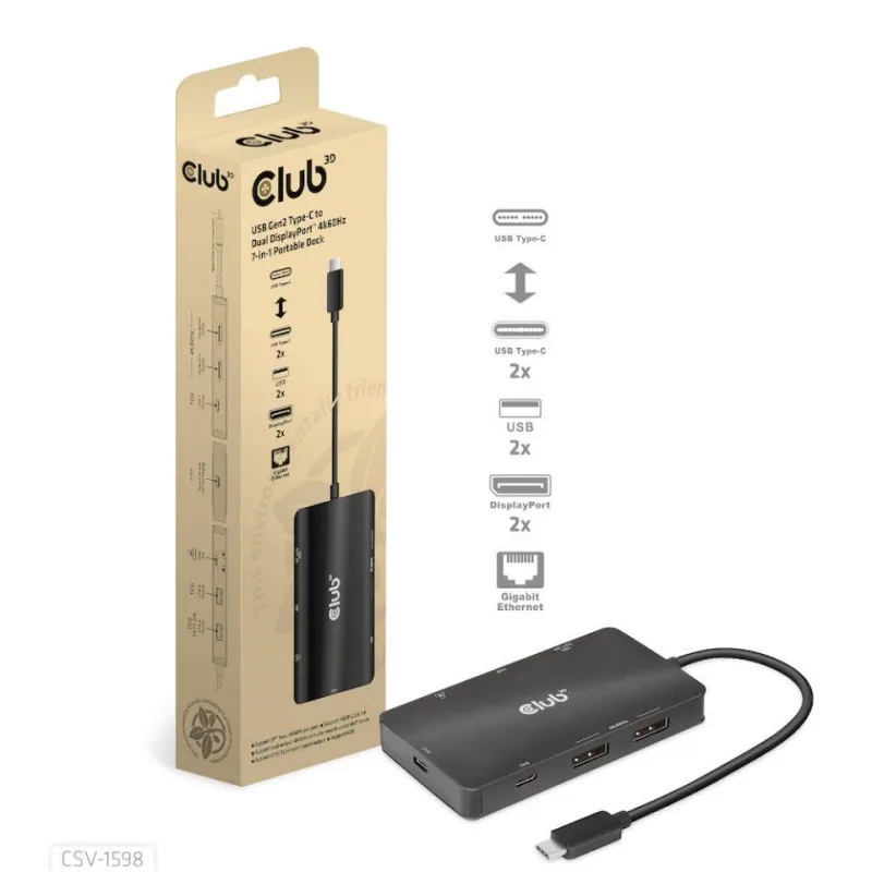 Club3D Dokovací stanice USB-C 7v1, 2xDP, 2xUSB-C, 2xUSB, 1xRJ45, černá…