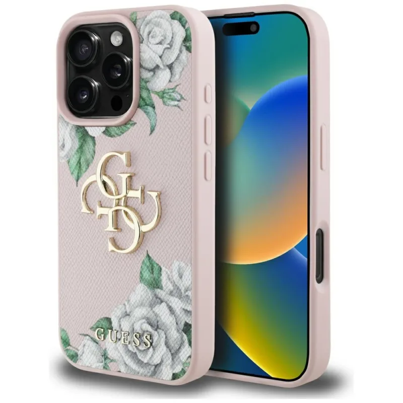 Guess Grained Roses Big 4G logo Puzdro na iPhone 16 Pro Max – ružové