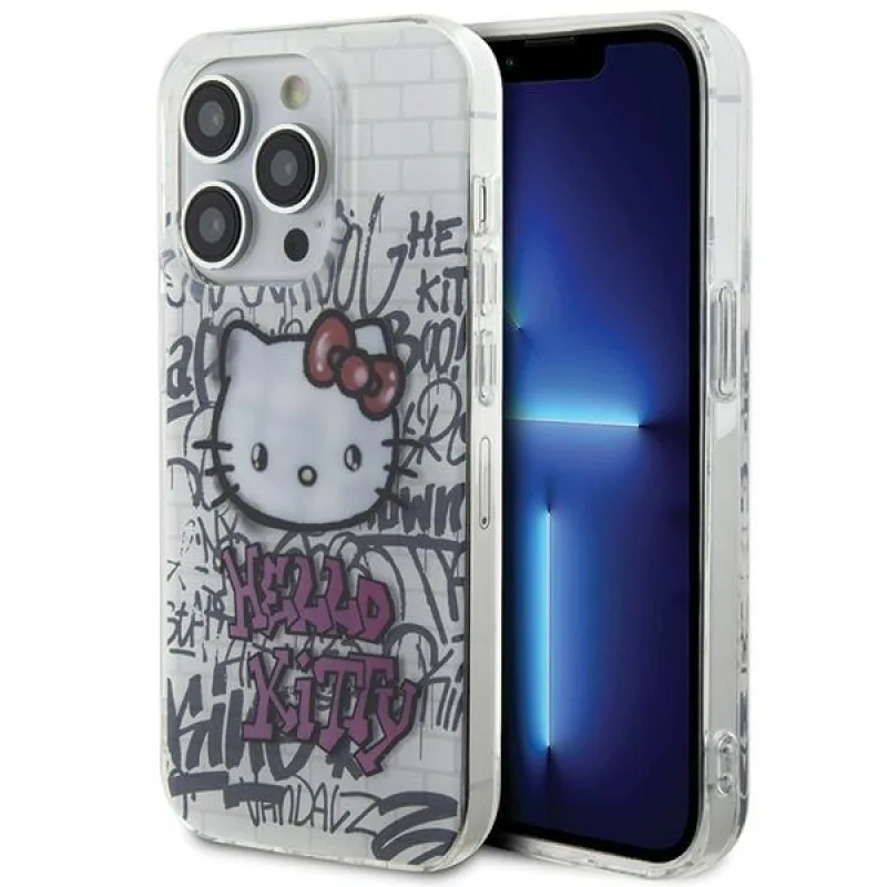 Obal Hello Kitty IML Kitty On Bricks Graffiti pre iPhone 15 Pro - biely