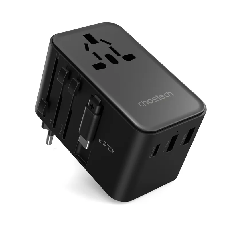 Choetech PD5022 70W cestovný adaptér pre EÚ/USA/AUS/Spojené kráľovstvo so vstavaným káblom USB-C – čierny