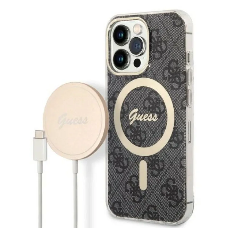 Set Guess GUBPP13LH4EACSK Case+ Charger iPhone 13 Pro čierne/čierne pevné puzdro 4G Print MagSafe