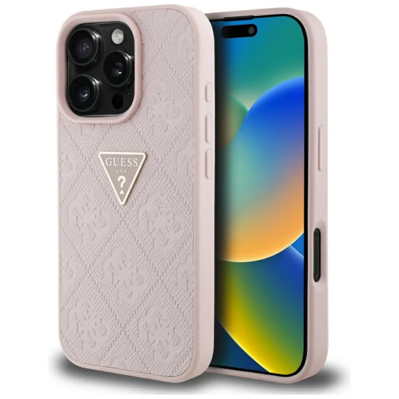 Puzdro Guess Hot Stamp 4G Pattern Triangle Metal Logo iPhone 16 Pro – ružové