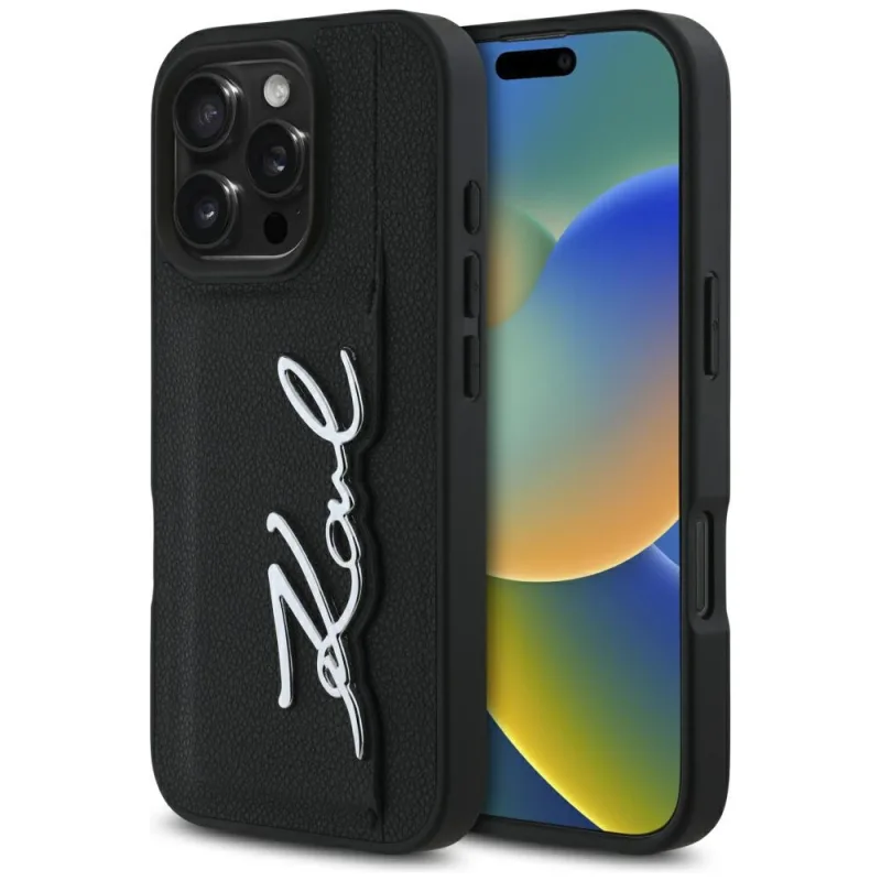 Karl Lagerfeld HC Grained PU Cardslot Metal Signature iPhone 16 Pro Max Case – čierne