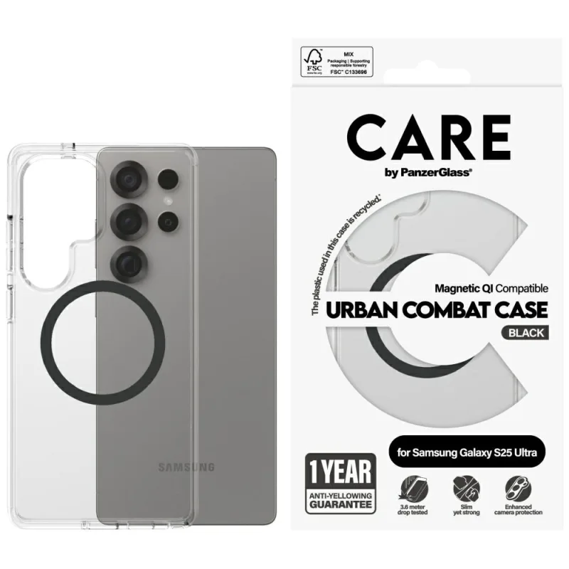 CARE by PanzerGlass Flagship Urban Combat Black QI Case pre Samsung Galaxy S25 Ultra – priehľadné
