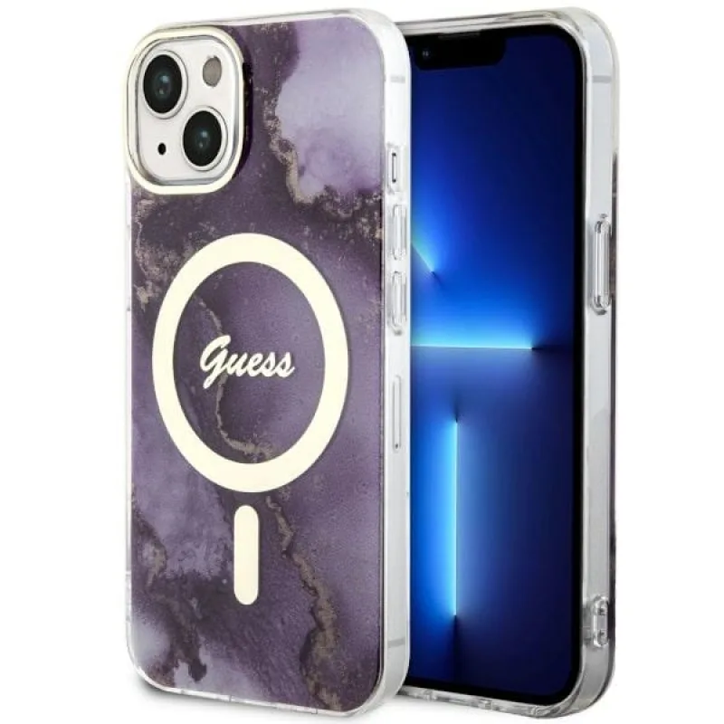 Guess GUHMP14SHTMRSU iPhone 14 6,1" fialovo-fialové pevné puzdro Golden Marble MagSafe