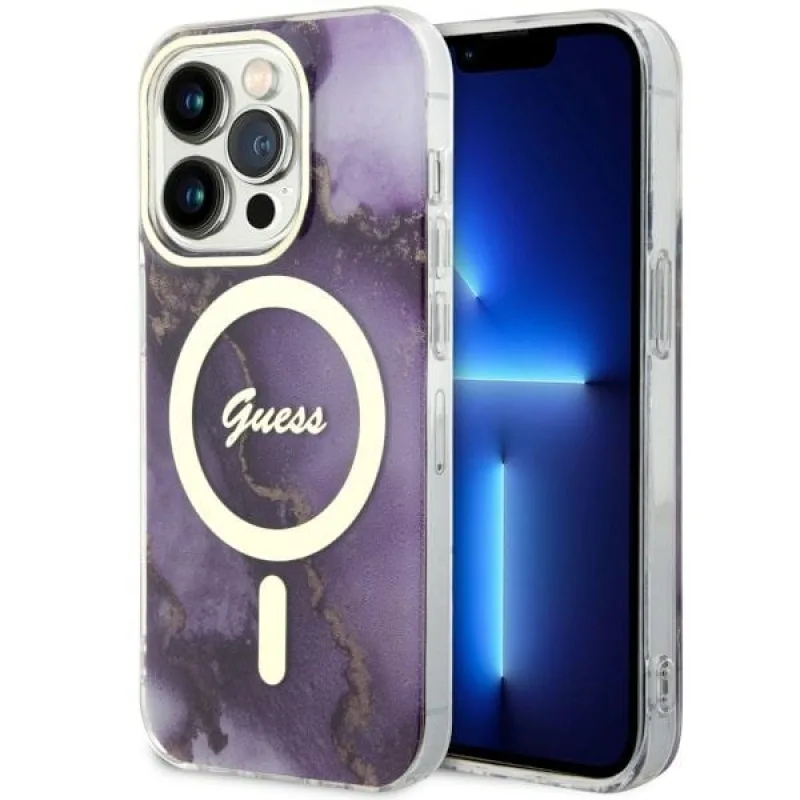 Guess GUHMP14LHTMRSU iPhone 14 Pro 6,1" fialovo-fialové pevné puzdro Golden Marble MagSafe