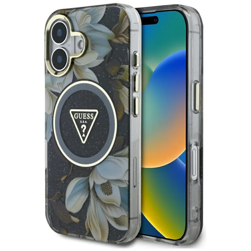 Guess Glitter Flowers Triangle Buttons puzdro MagSafe pre iPhone 16 čierne