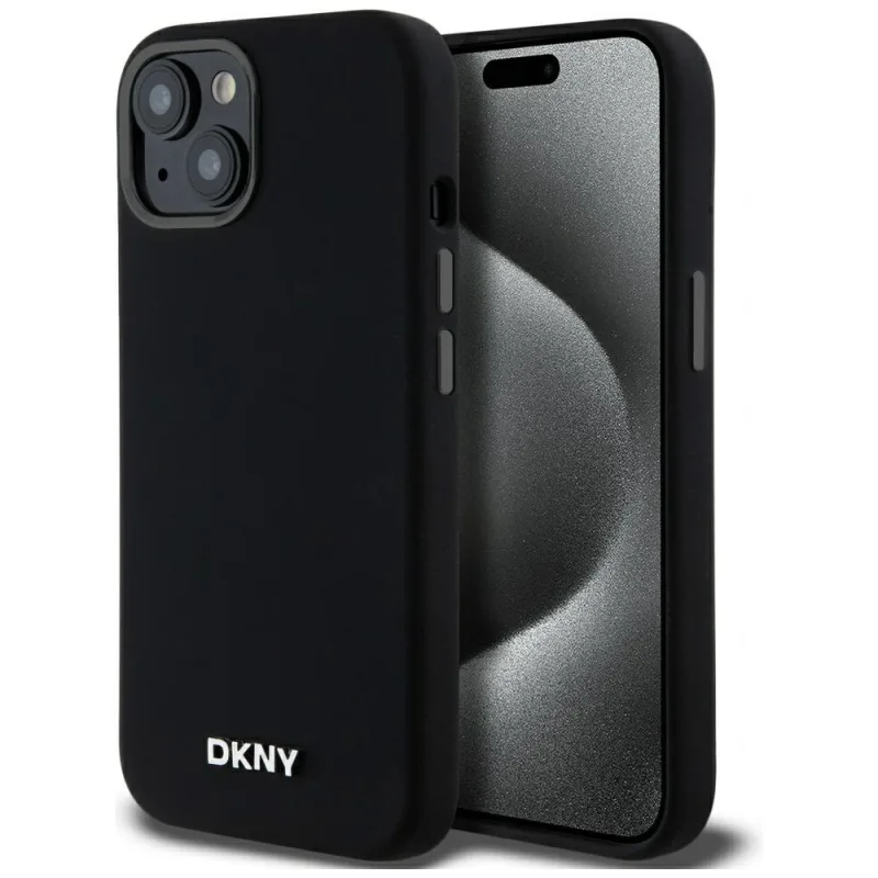 DKNY tekutý silikónový obal s malým kovovým logom MagSafe pre iPhone 14/15/13 – čierny