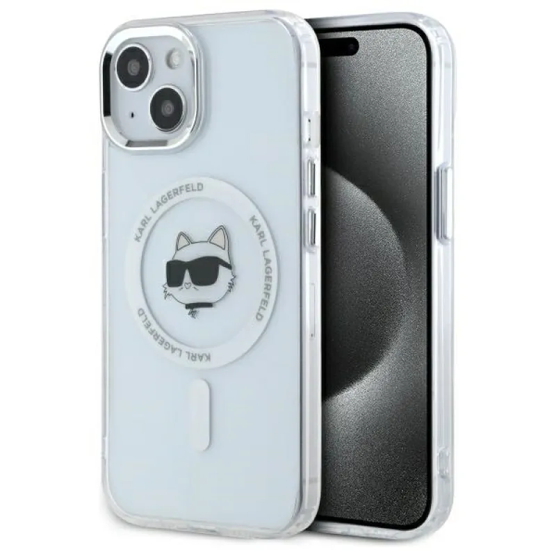 Karl Lagerfeld IML Metal Choupette Head MagSafe iPhone 15 puzdro – biele