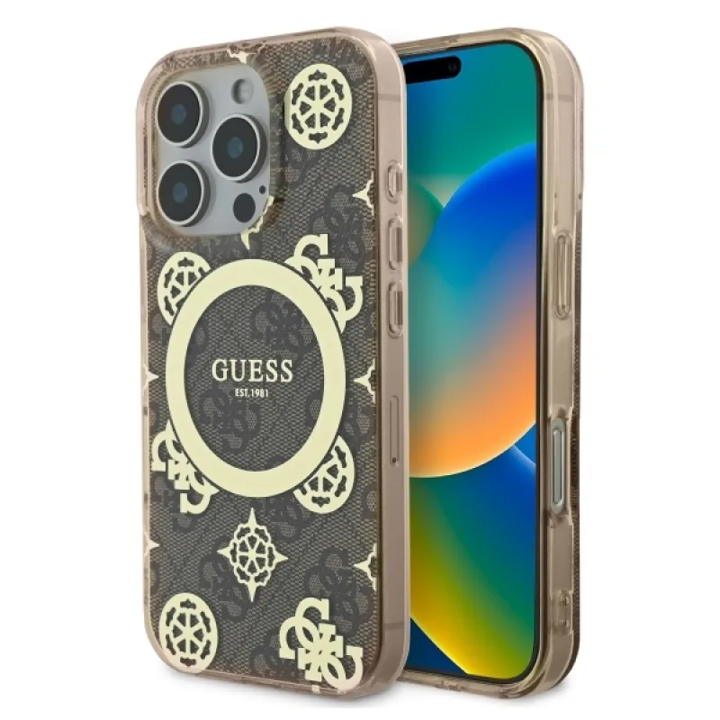 Puzdro Guess IML Peony na 4G pozadí MagSafe pre iPhone 16 Pro Max – hnedé