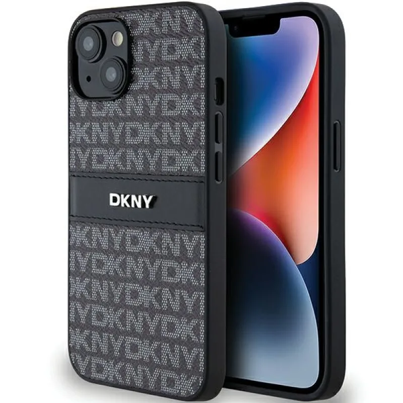 Kožené puzdro DKNY Mono Stripe & Metal Logo pre iPhone 15/14/13 - čierne