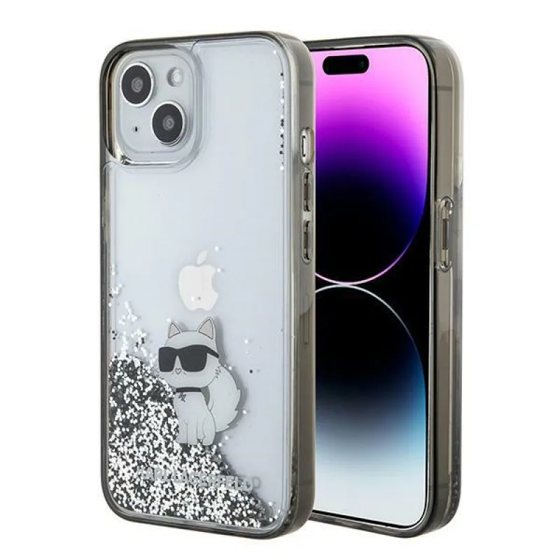 Puzdro Karl Lagerfeld Liquid Glitter Choupette pre iPhone 15 - priehľadné