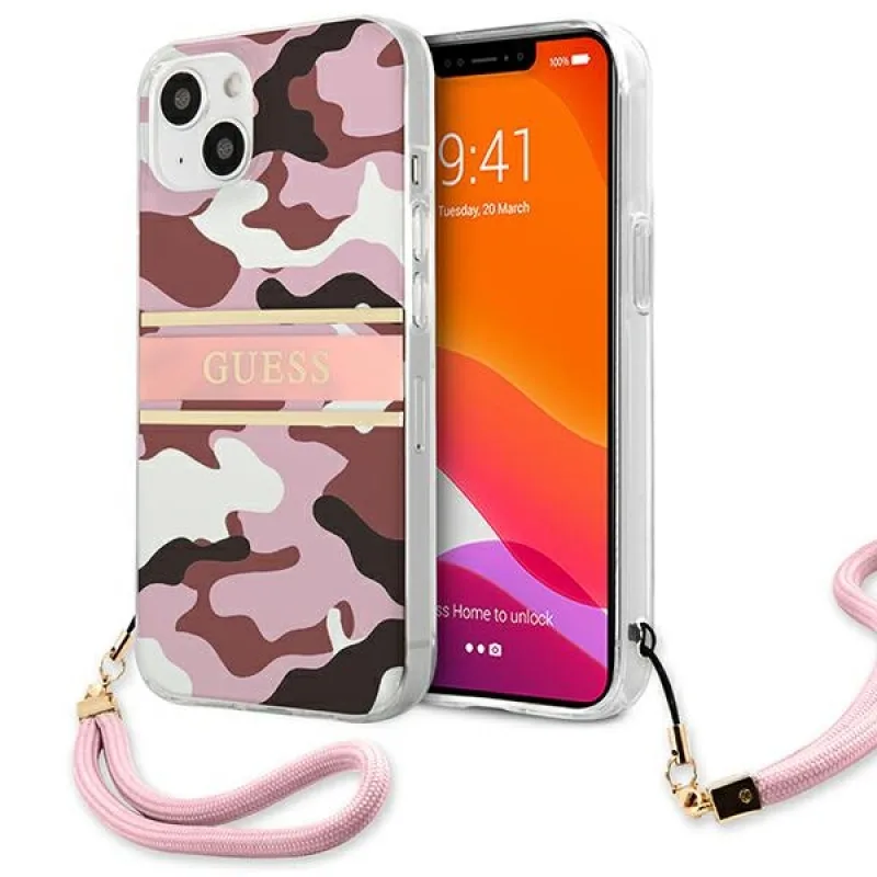 Guess GUHCP13MKCABPI iPhone 13 6,1" ružovo-ružové pevné puzdro Camo Strap Collection