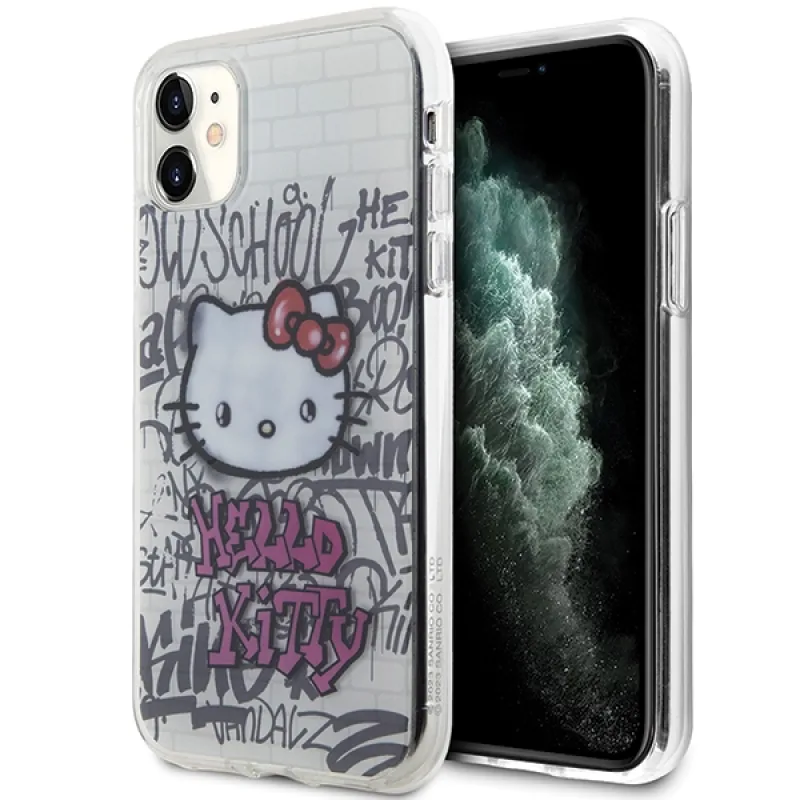 Obal Hello Kitty IML Kitty On Bricks Graffiti pre iPhone 11 / Xr - biely