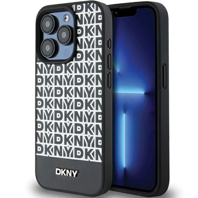 Kožené puzdro DKNY s potlačou kovového loga MagSafe pre iPhone 15 Pro Max – čierne
